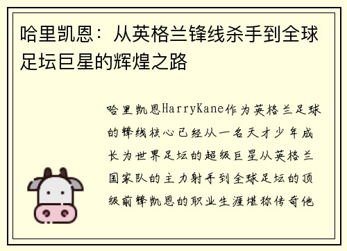 哈里凯恩：从英格兰锋线杀手到全球足坛巨星的辉煌之路