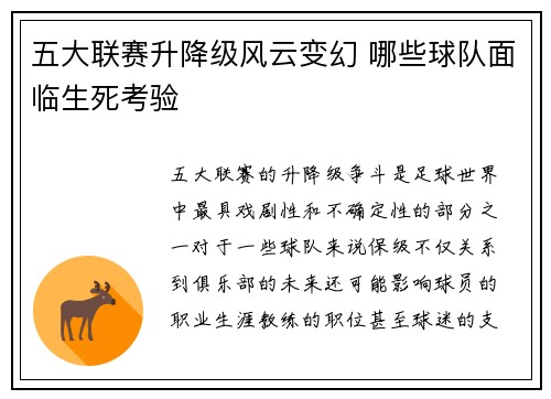 五大联赛升降级风云变幻 哪些球队面临生死考验