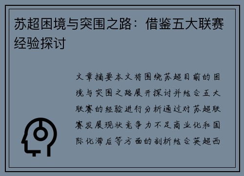 苏超困境与突围之路：借鉴五大联赛经验探讨